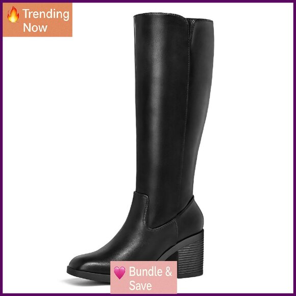 Knee High Boots Square Toe Chunky Heel Side Zipper Tall Boots